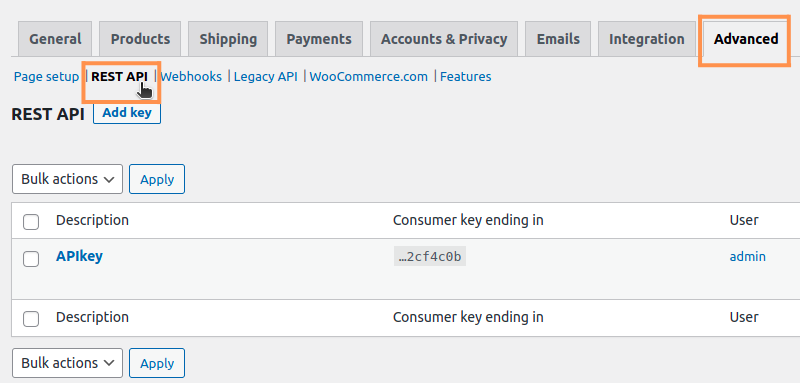 WooCommerce settings with the Advanced tab and REST API highlighted