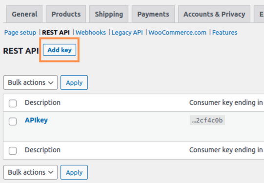 The Add key button on the WooCommerce REST API page