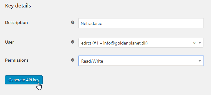 WooCommerce key details form with Permissions set to Read/Write