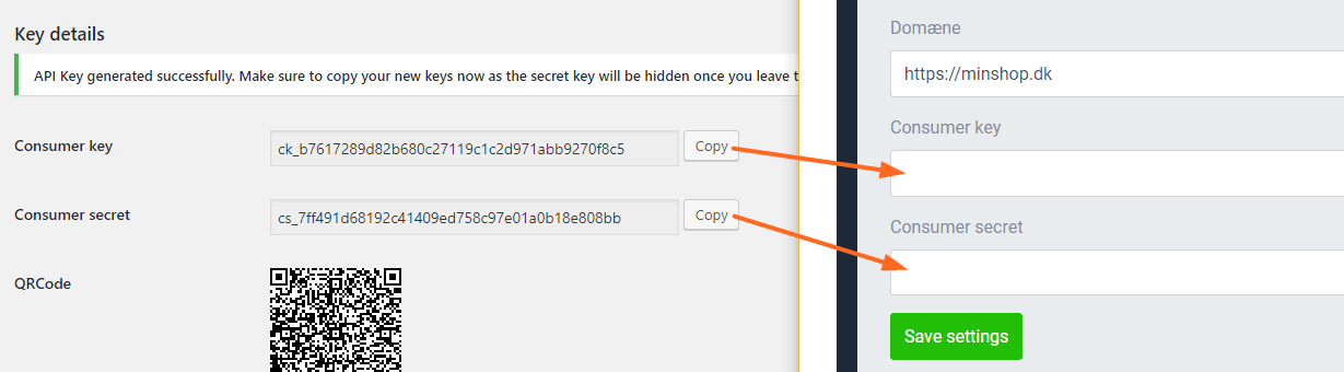 Consumer key and Consumer secret copied from WooCommerce into the matching fields in NetRadar.io