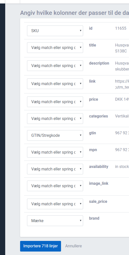 Column mapping for the product feed import with SKU, GTIN/barcode and brand selected